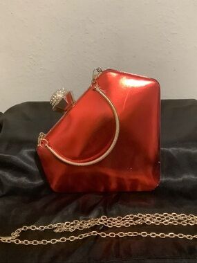 Red Metallic Evening Clutch Handbag with Gold Chain